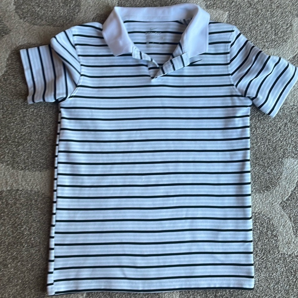 Boys Nike polo. Size L. Dri-fit. Black and grey stripes.